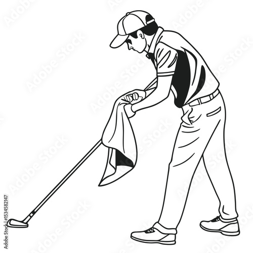 Golfer Cleaning Golf Club with Towel Black and White Line Art Illustration vector