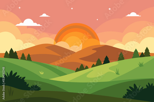 Serene Sunset Landscape Rolling Hills, Green Meadows, and a Vibrant Sky