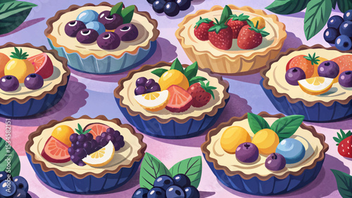 Mini fruit tarts topped with vibrant fresh fruits and creamy custard in crisp buttery shells. Elegant dessert perfect for parties, weddings, or high tea settings