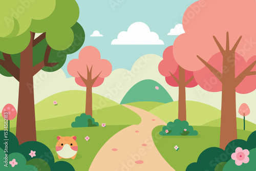 Springtime Stroll A Charming Pathway Through Blooming Cherry Blossoms and Lush Greenery