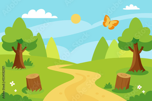 Winding Path Through Sunny Spring Landscape A Serene Nature Illustration