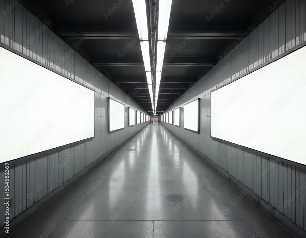 Fototapeta premium Blank Advertisement Spaces in a Modern Underground Passageway