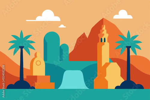 Oasis Landscape A Serene Desert Waterfall Scene with Palm Trees and Geometric Mountains