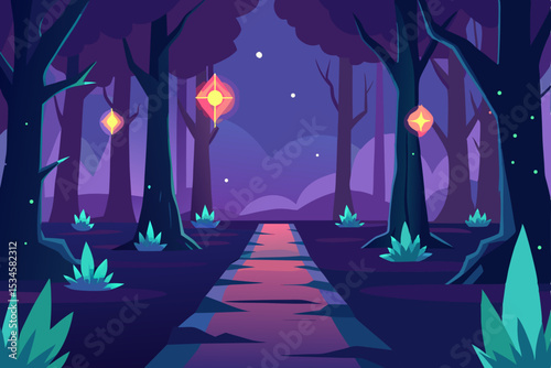 Enchanted Forest Path Nighttime Adventure through a Magical Woodland