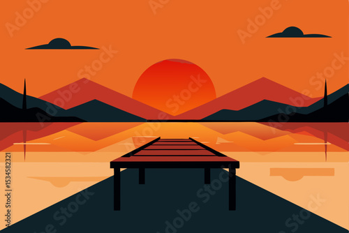Serene Sunset Landscape Mountains, Lake, and Wooden Dock at Dusk
