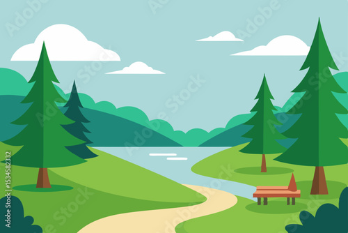 Serene Lakeside Park Tranquil Nature Scene with Winding Path and Majestic Pines