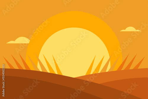 Sunset Landscape Golden Hues and Serene Hills Illustration