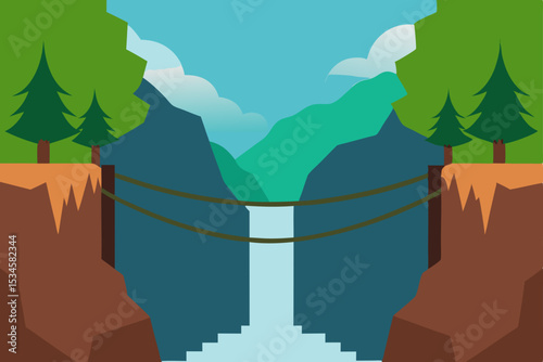 Stunning Mountain Landscape Rope Bridge Over Waterfall