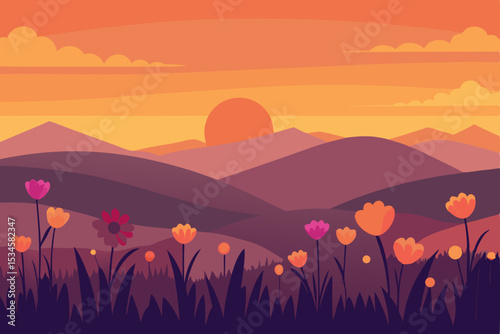 Serene Sunset Landscape Vibrant Flowers and Rolling Hills