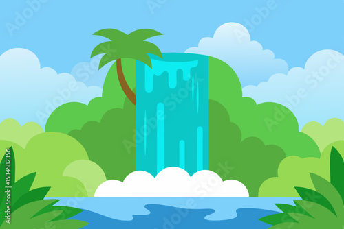 Serene Tropical Waterfall Lush Paradise Illustration