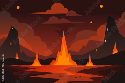 Fiery Inferno Landscape A Volcanic Eruption Illustration