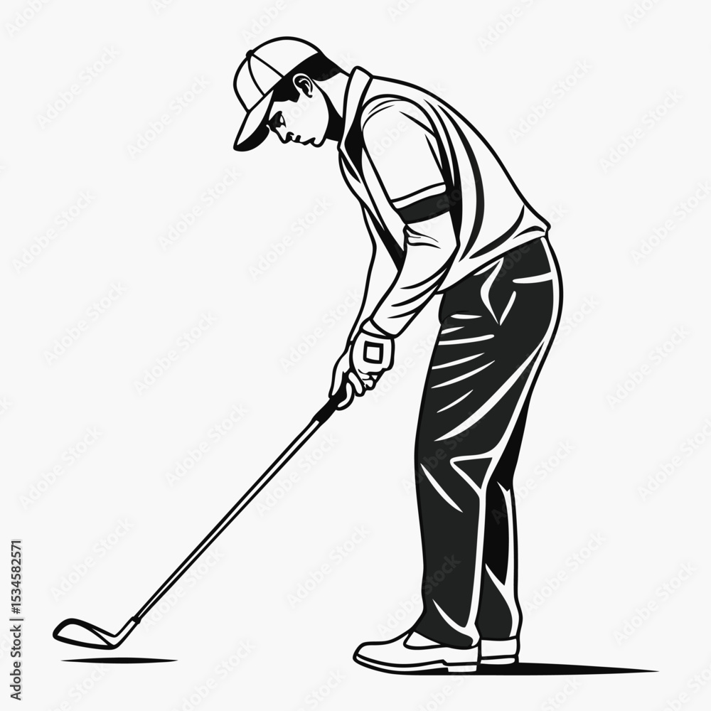 Black and White Illustration Golf Player Swinging Club Focused Posture Athletic Man Black and White Illustration Golf Player Swinging Club Focused Posture Athletic Man