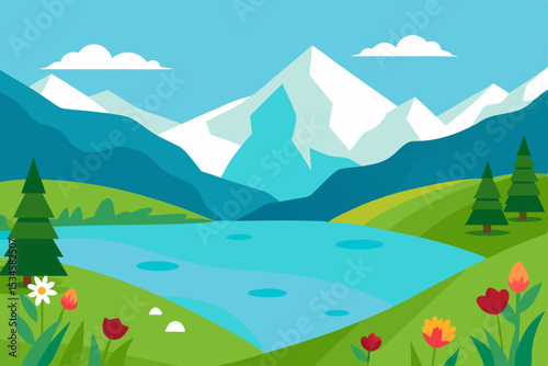Serene Mountain Lake Landscape Breathtaking View of Majestic Peaks and Blooming Meadows