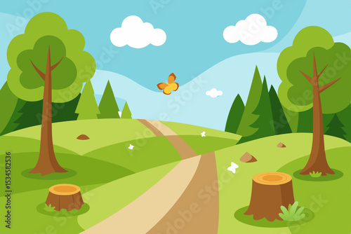 Serene Countryside Landscape Winding Path Through Lush Green Hills and Trees