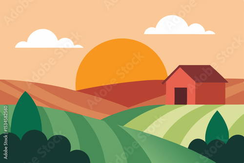 Sunset Over Rolling Hills A Serene Farm Scene Illustration