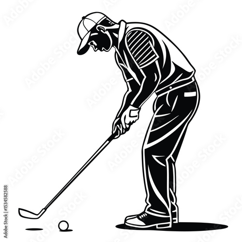 Black and White Illustration Golf Player Putting Golf Ball on Green golfer golf club