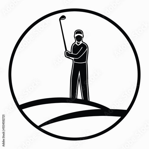 Black Silhouette Golf Player Swinging Club on Undulating Fairway in Circular Frame