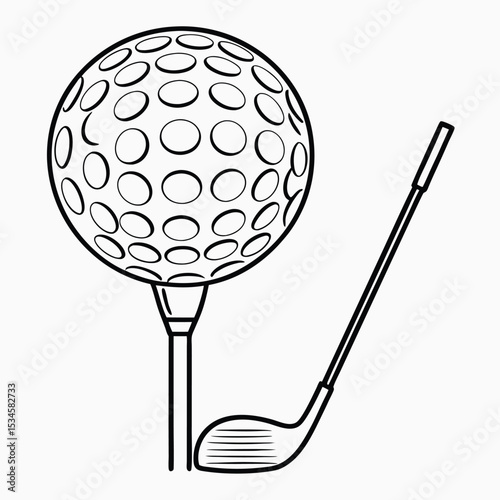 Golf Ball on Tee with Driver Golf Club Black and White Line Art Illustration vector