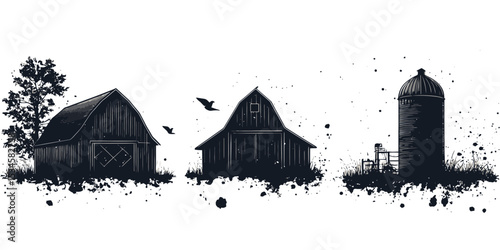 Solid black shadow silhouette icon set representing farm structures and elements in a clean, graphic style suitable for various designs and themes