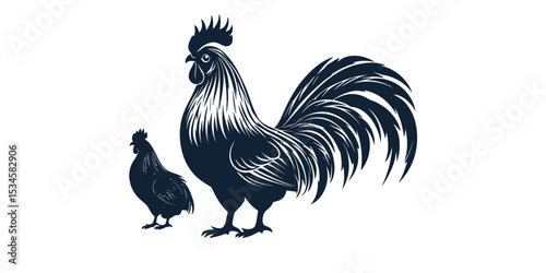 Solid black shadow silhouette of a rooster in a vector design suitable for various artistic and graphic applications