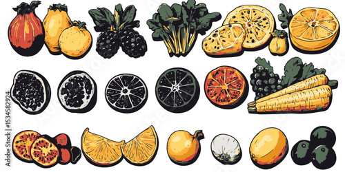 Food scraps for compost bin outlined in vector style showcasing various fruits and vegetables