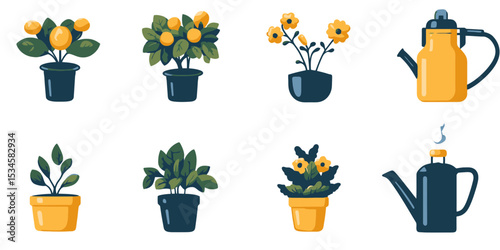 Collection of vector icons depicting compost tea steeping with various plants and watering equipment