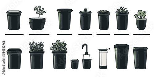 Shadow silhouette icons representing various composting systems and containers used in sustainable gardening practices