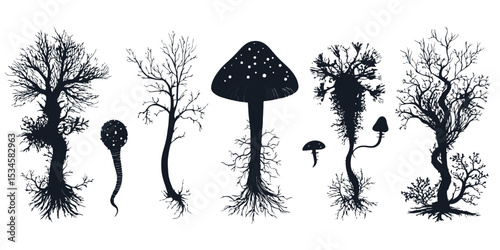 Collection of shadow silhouette icons depicting various trees, fungi, and organic forms in a vector style set against a simple background