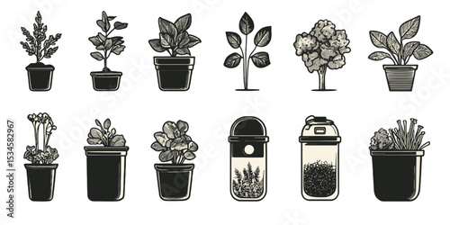 Silhouette icons of composting systems showcasing various plants and containers in a minimalist design