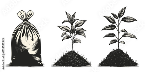 Silhouette icons of bagged compost and growing plants in vector format for eco-friendly gardening and composting concepts