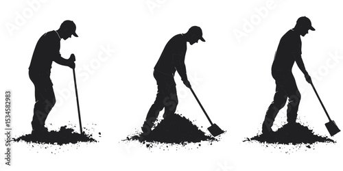 Set of shadow outlines depicting compost turning tools in various positions for gardening and composting activities
