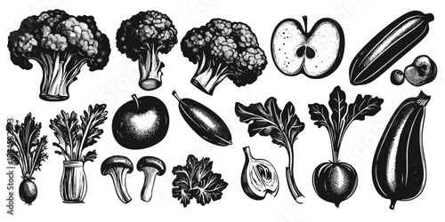 Set of compostable material silhouette icons featuring vegetables and fruits in a 2D vector design