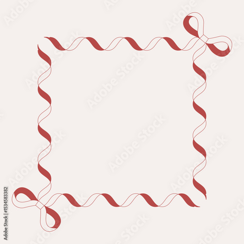 Square frame made of curly red ribbon with cute bows in two corners. Elegant and festive design perfect for invitations or decorative elements.
