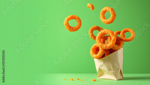 Golden crispy onion rings bursting from a paper bag against a lush green backdrop. Whimsical floating onion rings in sleek minimalist design. Trendy fast-food appetizer with modern aesthetic. Vibran