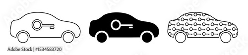 Car with key symbol icons in different styles. Car security, buying, selling, and rental concept.