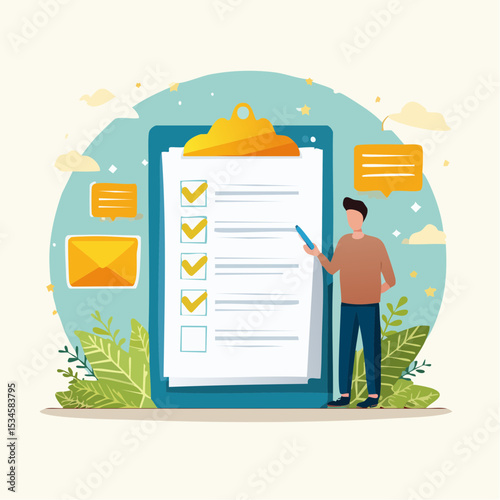 Customer survey, feedback to improve service, online and offline survey, review or poll rating, user satisfaction report or questionnaire concept, man with survey on clipboard paper, mobile and emai