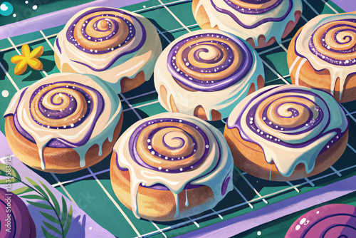 Freshly baked cinnamon rolls topped with sweet vanilla icing drizzle. Warm, gooey, and aromatic pastries ideal for breakfast, brunch, or cozy homemade dessert scenes
