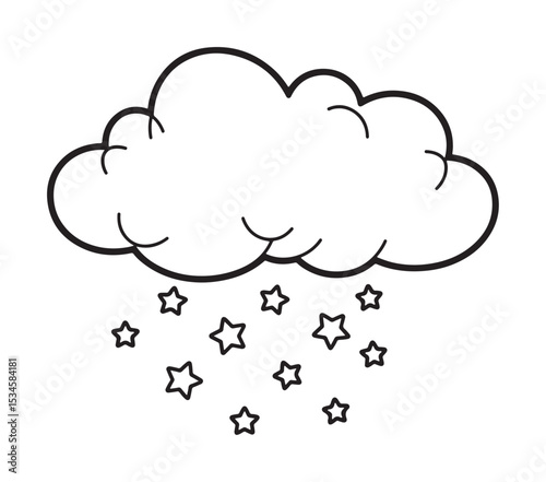 A whimsical illustration of a cloud raining stars on a blank background