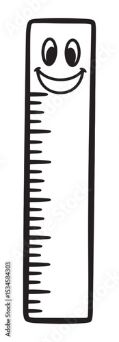 Happy Cartoon Ruler Ready to Measure Objects in Black and White Style