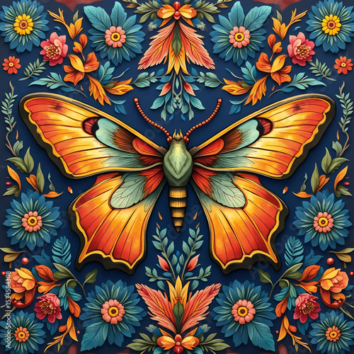 Golden butterfly surrounded by glowing blue flowers. Fantasy garden mood.