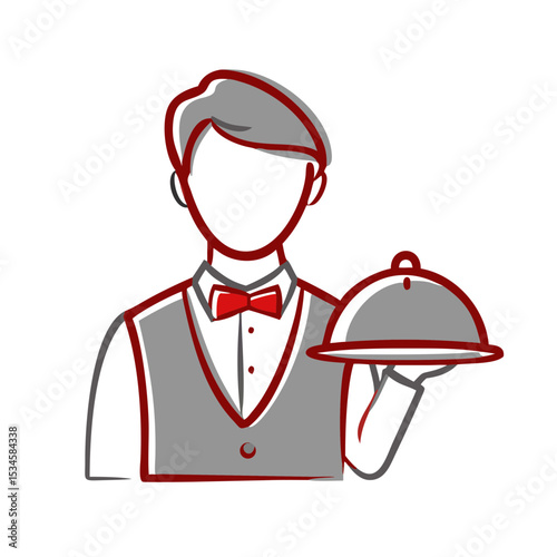 Waiter with tray in red bow tie, linear icon style for hospitality visuals, service industry, and fine dining concepts — concept: restaurant service, staff training, event management.