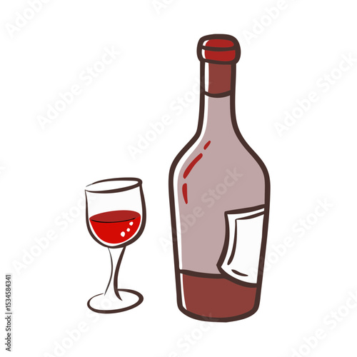 Wine bottle and glass on white background in linear hand-drawn style, elegant alcohol concept for sommelier service, wine shops, restaurant branding — concept: horeca, alcohol retail, event catering.