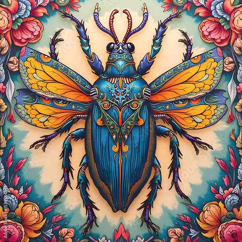 Colorful fantasy beetle with golden wings and floral background. Cool decorative insect design.
