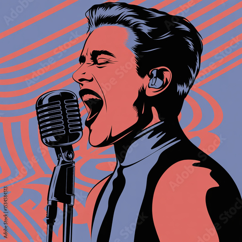 A man singing with a retro microphone sings pop music on stage, performing with passion