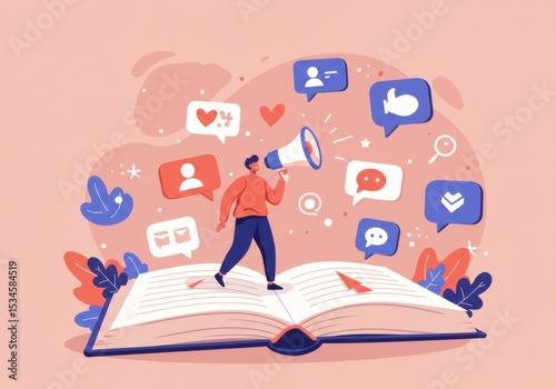 Man with megaphone standing on book surrounded by social media icons