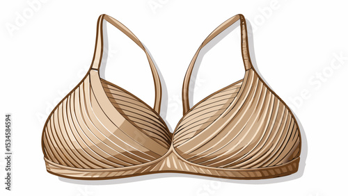A beige ribbed halter neckline bra lies elegantly with thin strap support against a white background, perfect for clean fashion presentations, elegant mockups, or showcasing modern intimate wear desig