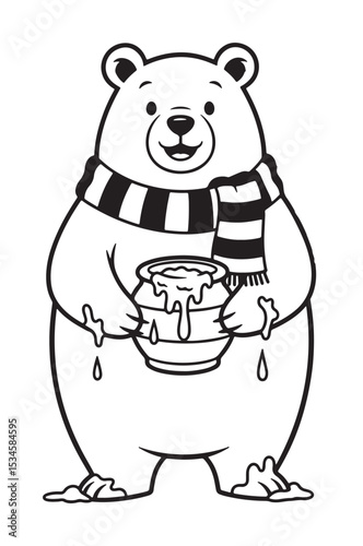 Cartoon bear outline wearing a striped scarf and holding a honey pot