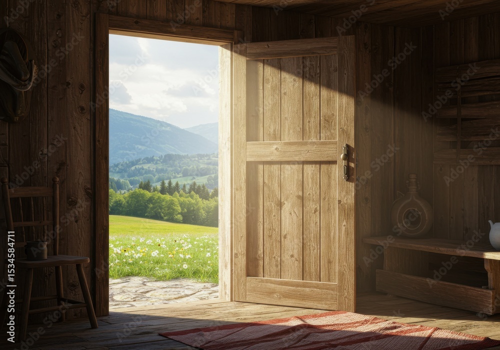 Obraz premium Open wooden door of a rustic cabin reveals a scenic mountain landscape