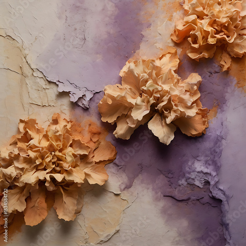 Abstract scent memory captured in diffused ochres and faded lilacs, layered like invisible whispers on textured paper pulp.