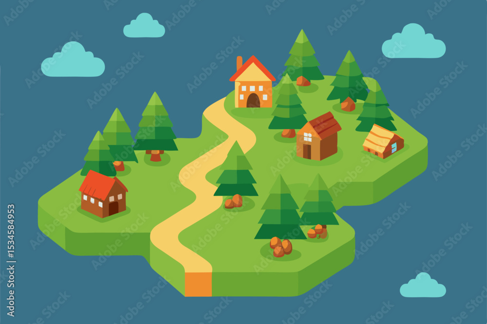 Fototapeta premium Charming Village Illustration Isometric View of a Quaint, Secluded Community Nestled in a Lush Forest